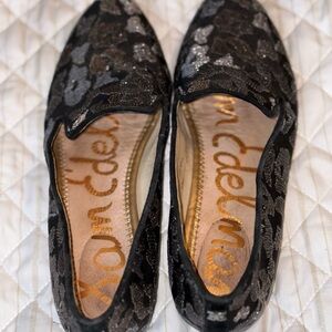 Sam Edelman Black Silver‎ Floral Embroidered Loafers Women's 6M Slip-On Flats